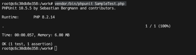 PHPUnit 10.5.5 by Sebastian Bergmann and contributors.

Runtime:       PHP 8.2.14

.                                                                   1 / 1 (100%)

Time: 00:00.057, Memory: 6.00 MB

OK (1 test, 1 assertion)